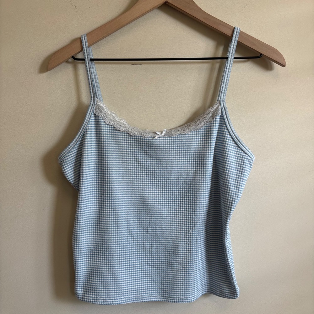 Heart & Hips Blue Gingham Lace Trim Cami Top Ribbed Coquette Bow Large
